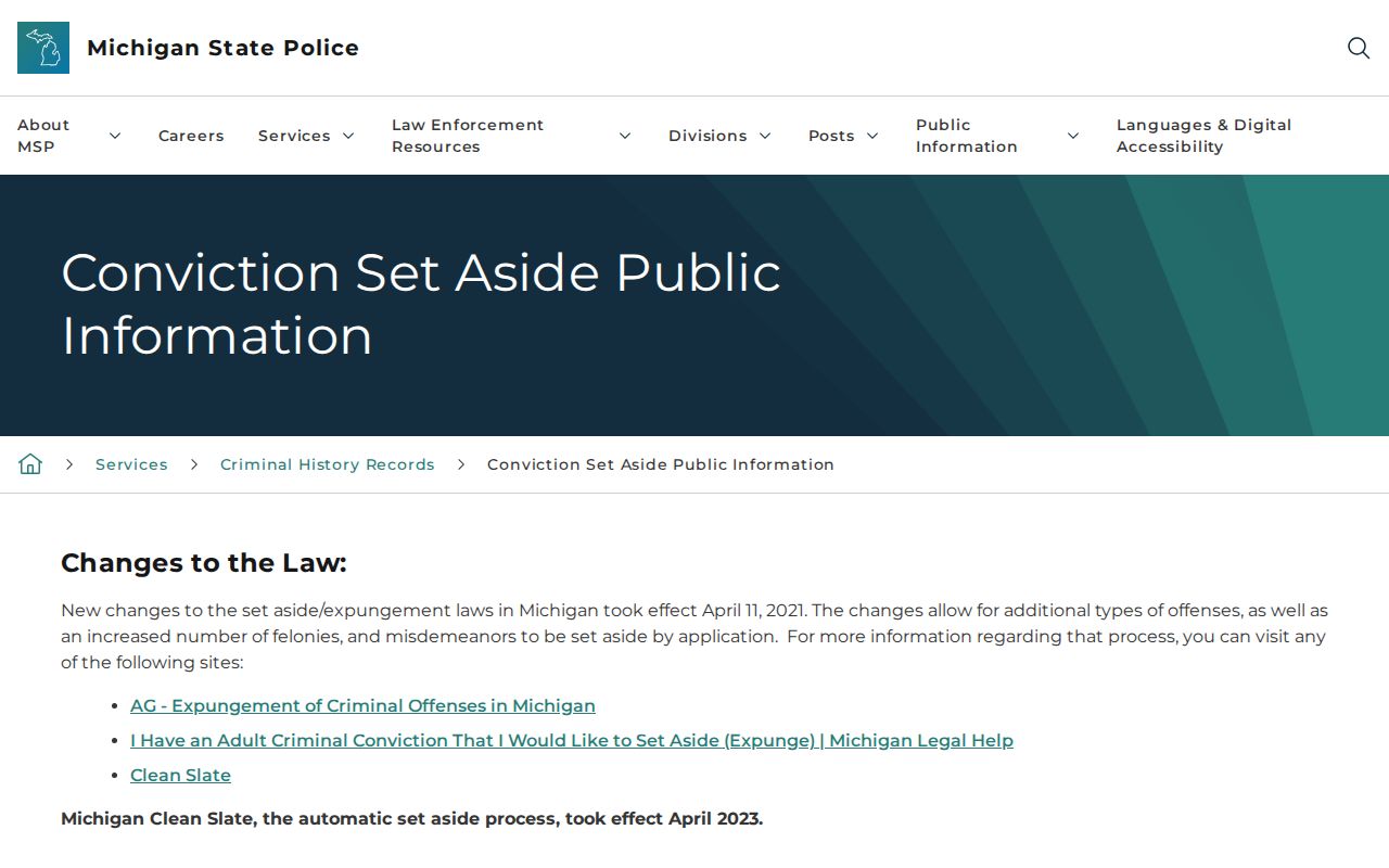 Michigan set-aside information affecting Emmet County release record visibility