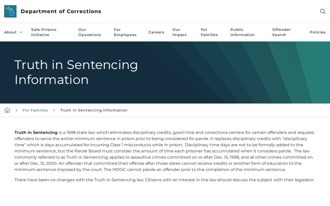 Emmet County projected release date Michigan truth in sentencing page