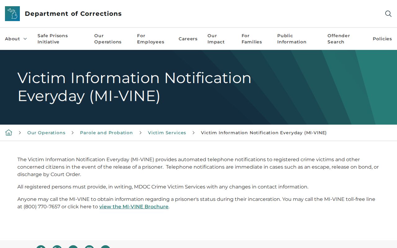 Emmet County Michigan VINE state release notification page